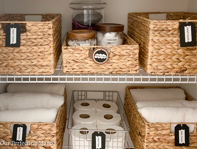 Linen Closet Organization with Baskets: A simple way to eliminate